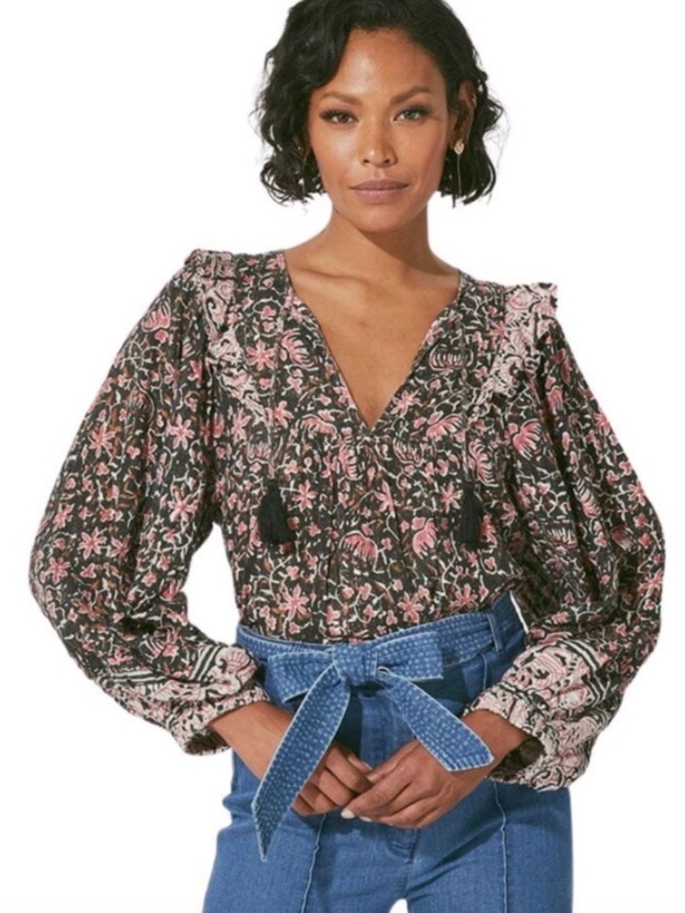 Cleobella Brynlee Blouse Medium Black Pink Cotton Metallic Floral Boho Top